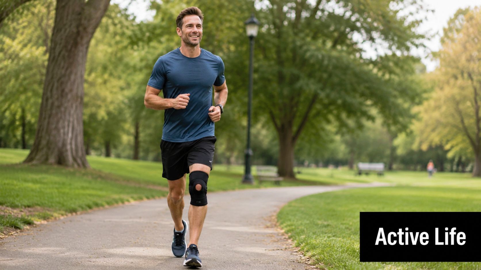 A healthy man jogging on a park path while wearing a supportive knee brace for injury protection.