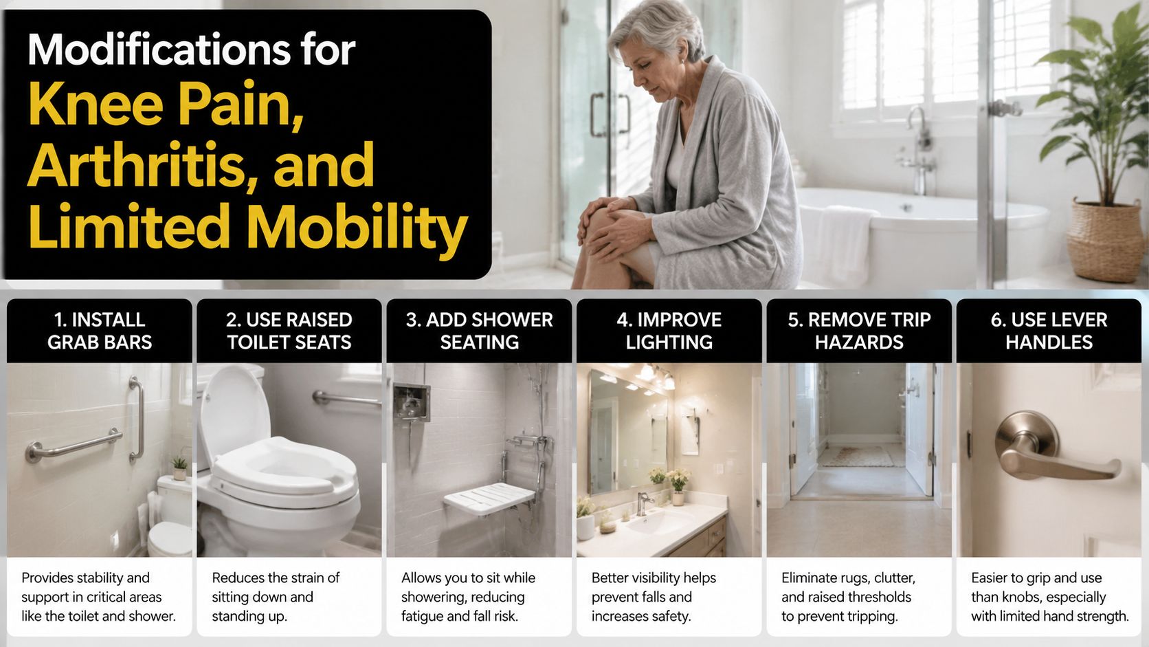 A list of home modifications for people suffering from knee pain, arthritis, and limited mobility.
