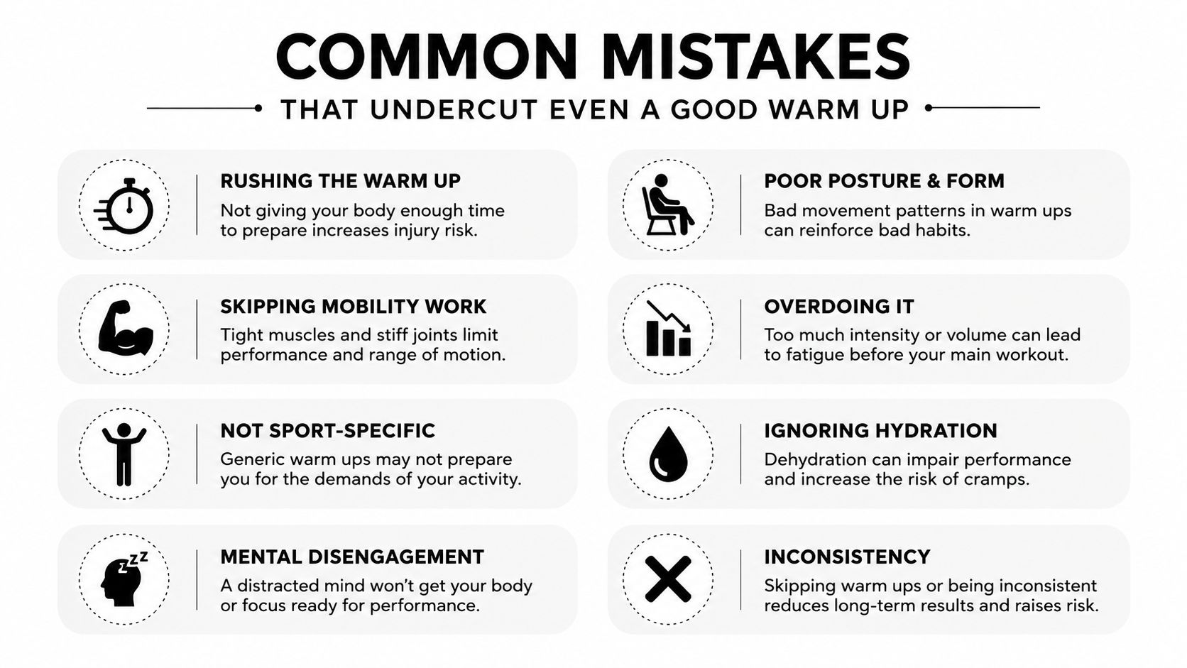 An infographic listing common mistakes that undercut the effectiveness of a proper fitness warm up routine.