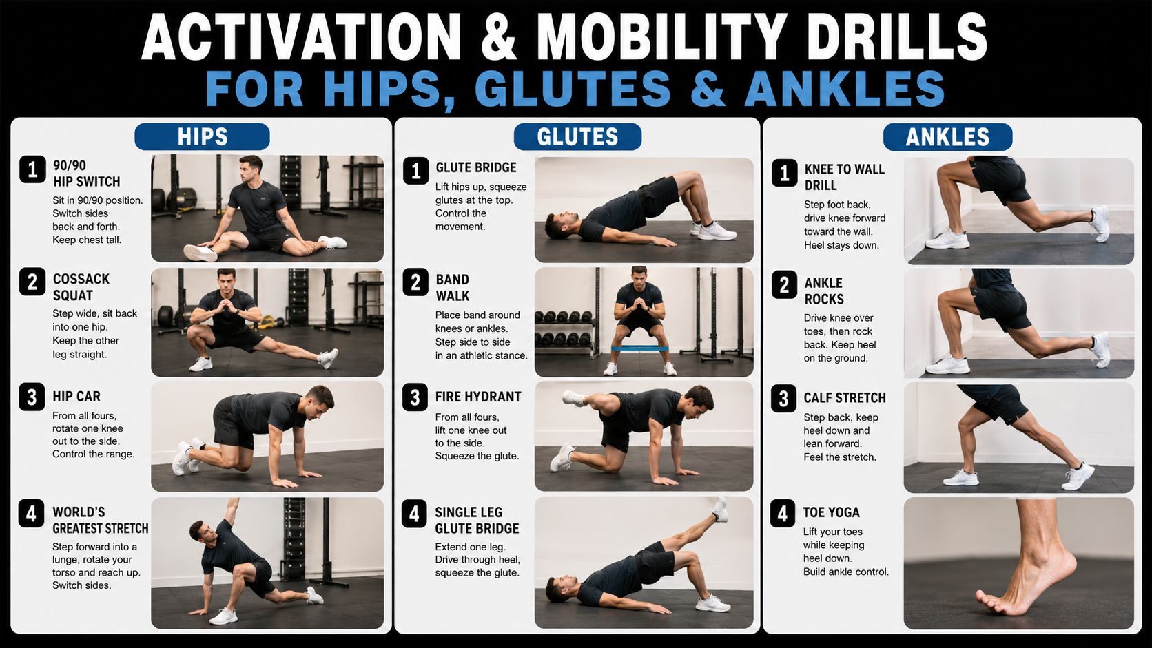 A comprehensive infographic showing 12 fitness exercises for hips, glutes, and ankles with step-by-step visual instructions.