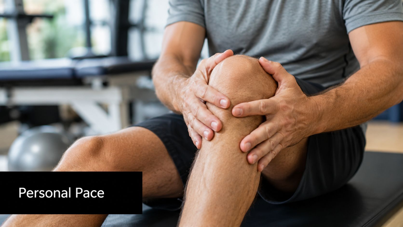 An athletic man in a gym setting holds his knee due to pain during injury recovery.