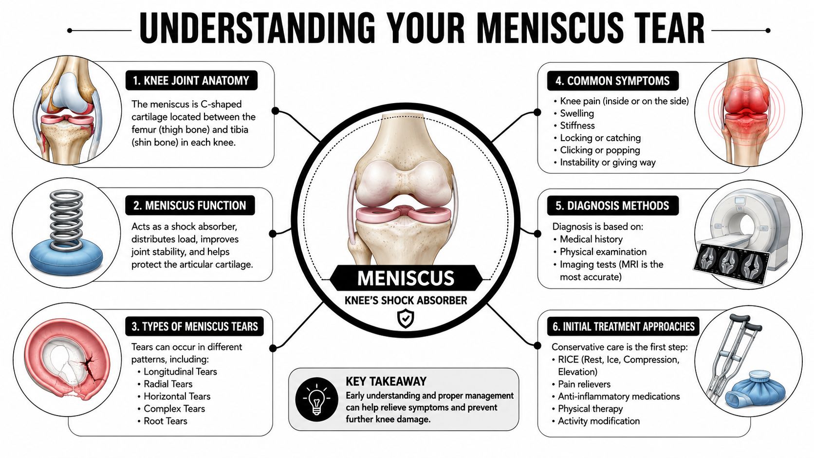 An infographic titled Understanding Your Meniscus Tear displaying anatomy, functions, symptoms, diagnosis, and initial treatment approaches.