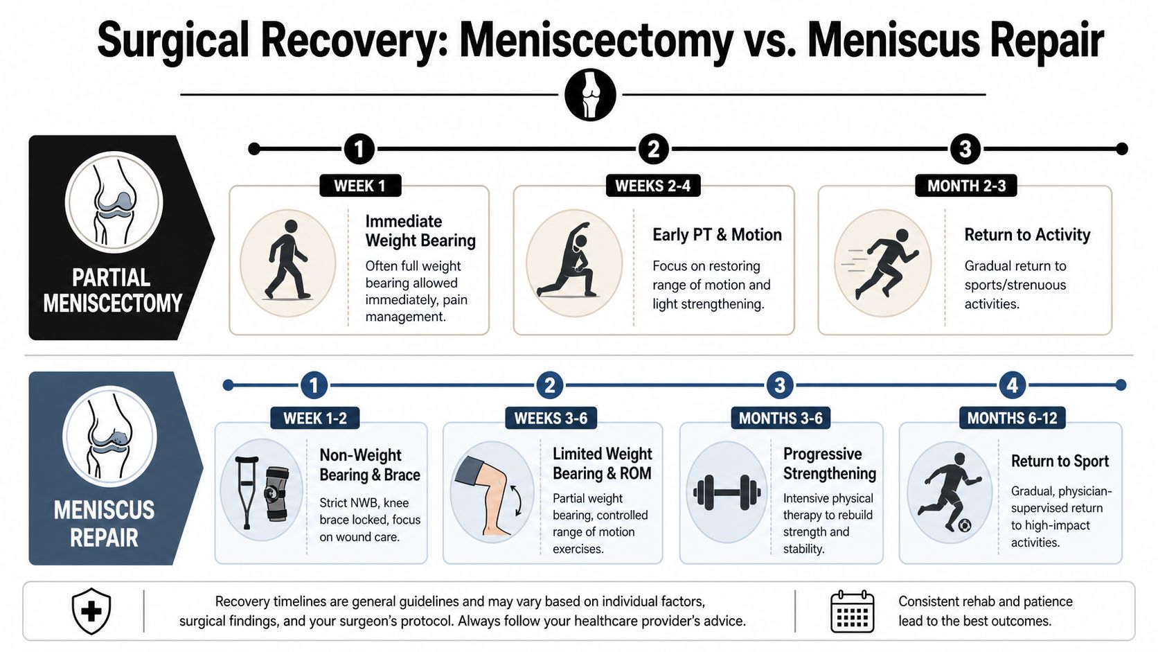 A comparison infographic showing the typical recovery timelines for a partial meniscectomy versus a meniscus repair procedure.