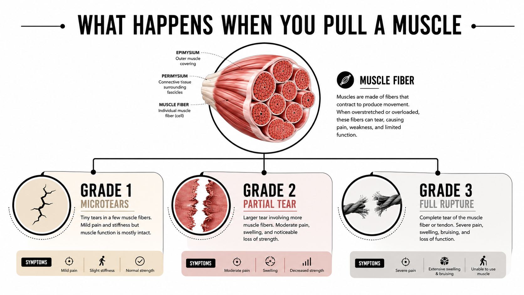 A detailed infographic showing the anatomy of muscle fiber and the three grades of muscle strain injuries.