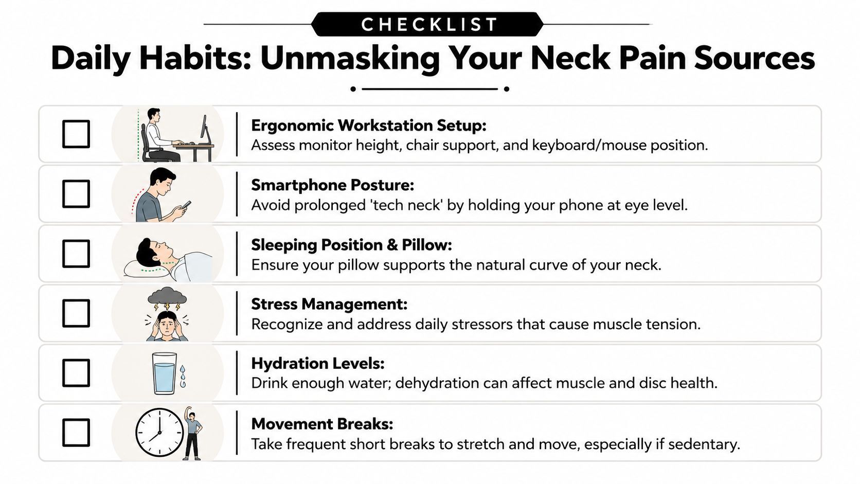 A checklist infographic titled Daily Habits: Unmasking Your Neck Pain Sources featuring advice for better posture and health.