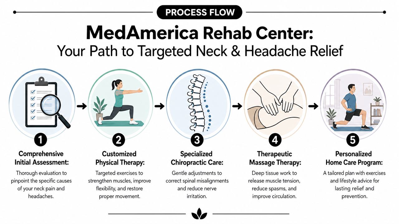 A five-step process flow chart from MedAmerica Rehab Center for achieving targeted neck and headache relief.
