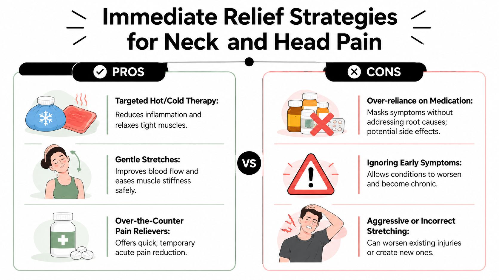 A comparison chart outlining pros and cons of immediate strategies for neck and head pain relief.