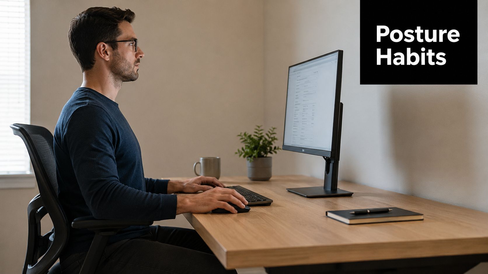 A man practicing good sitting posture at his desk while working on his computer.