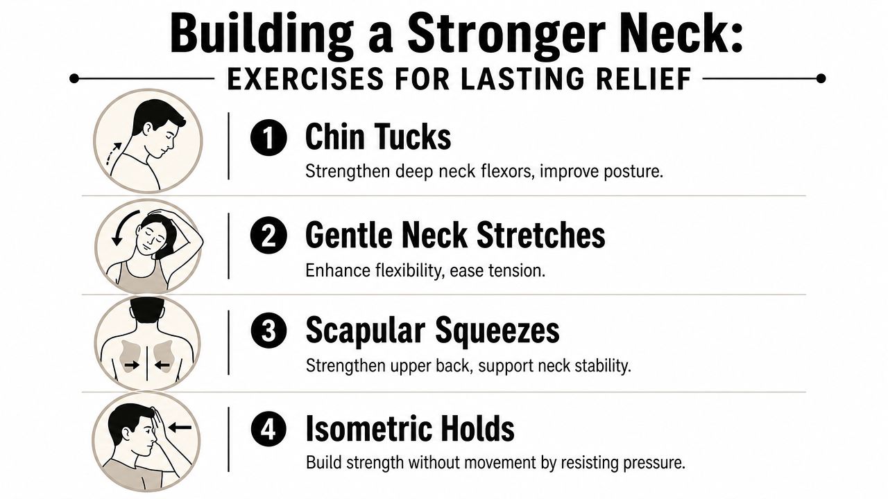 An infographic illustrating four simple exercises to strengthen the neck and relieve pain at home.
