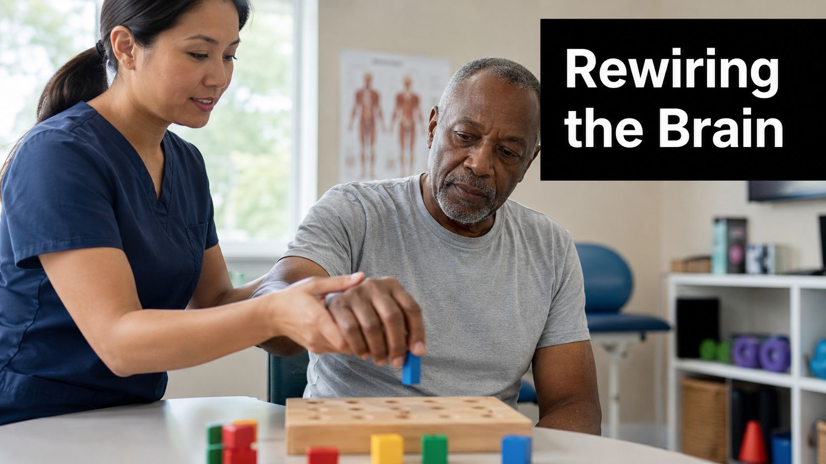 A female occupational therapist assisting an elderly man with neurological rehabilitation using a wooden pegboard exercise.