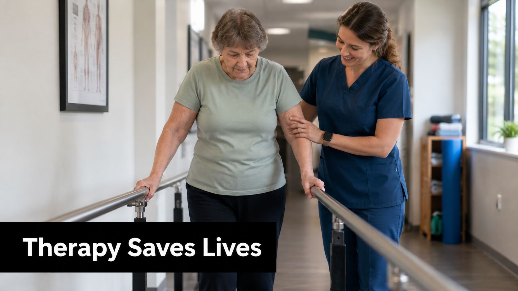 A healthcare professional assisting an elderly woman with walking exercises using parallel bars in a clinic.