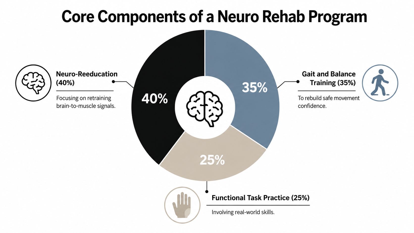 A pie chart showing the three core components of a neurological rehabilitation therapy program with percentages.