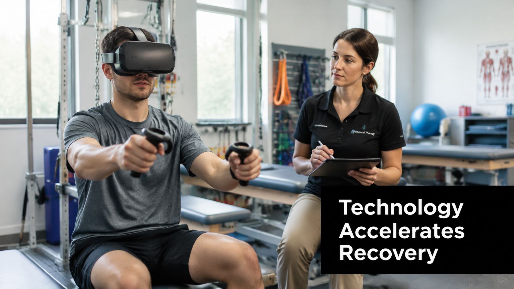A physical therapist monitors a male patient using a VR headset during neurological rehabilitation therapy in clinic.