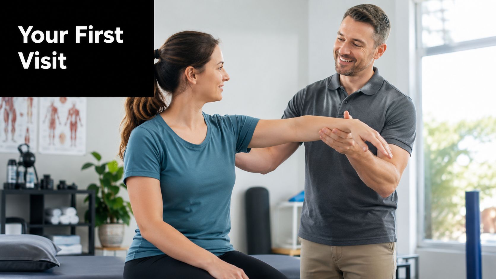 A male physical therapist performing a range of motion assessment on a female patient's arm in a clinic.