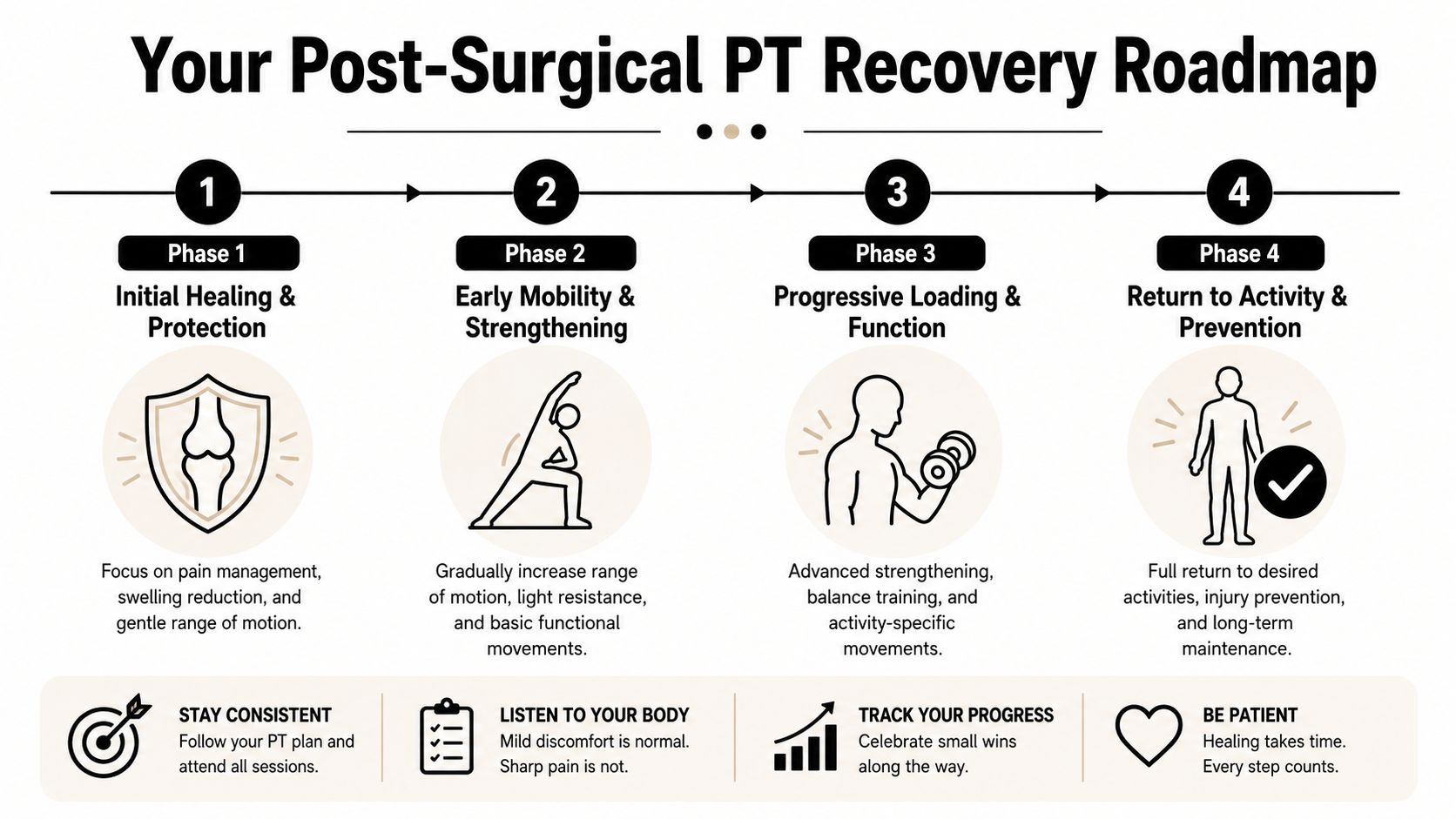 A four-phase physical therapy recovery roadmap infographic illustrating surgical rehabilitation steps from initial healing to full activity.