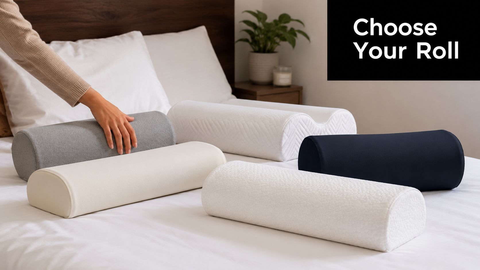 A hand rests on a gray cylindrical pillow roll on a bed with other bolster pillows nearby.