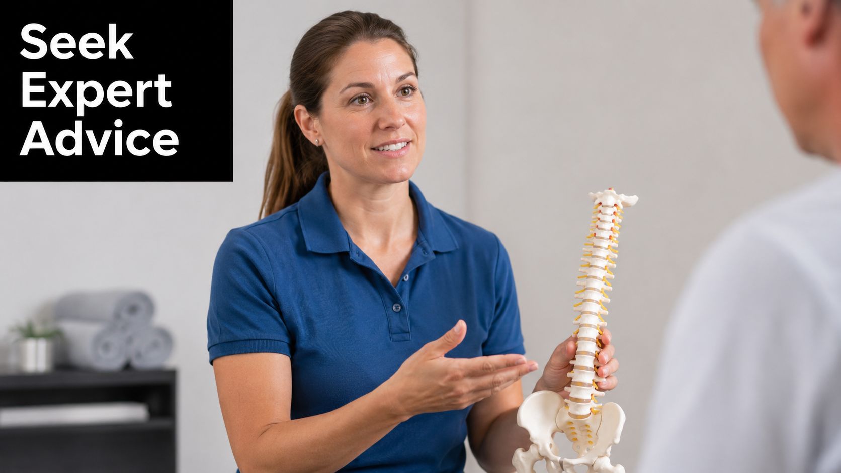 A professional female physical therapist explaining the anatomy of the spine using a model to a patient.