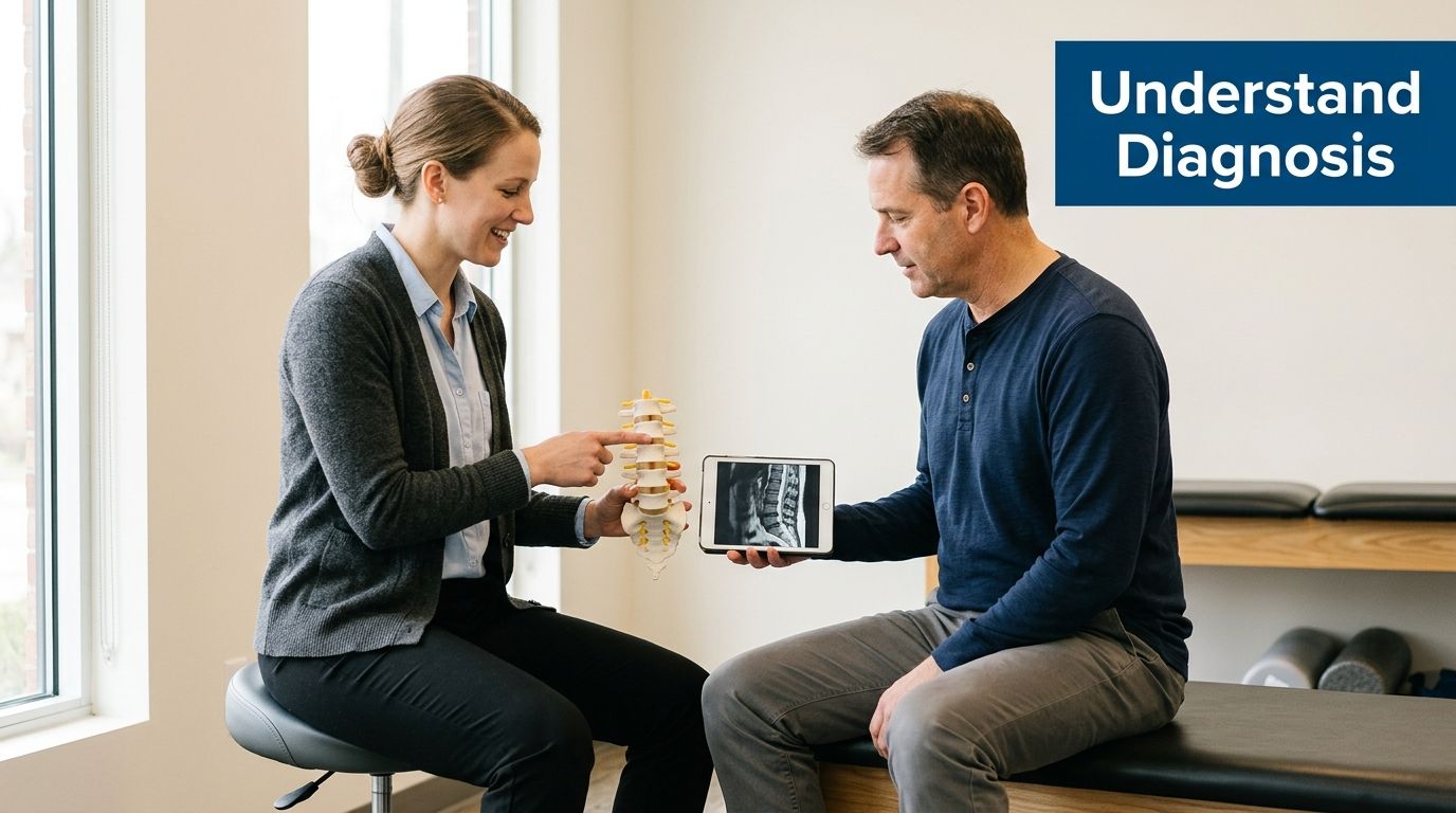 A physical therapist explains a spinal diagnosis to a patient using a model and tablet imagery.