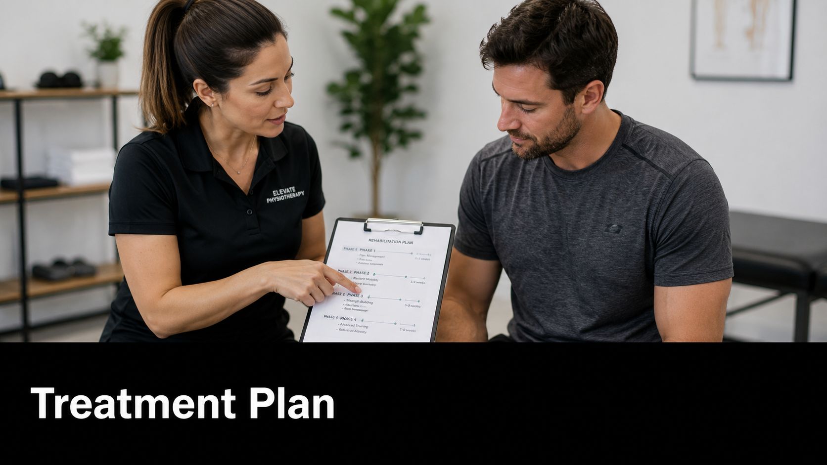 A female physical therapist discusses a rehabilitation plan document with a male patient in a clinic.