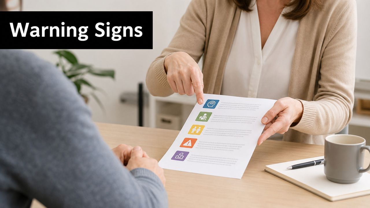 A professional explaining a document with warning signs to a client during a physical therapy consultation.