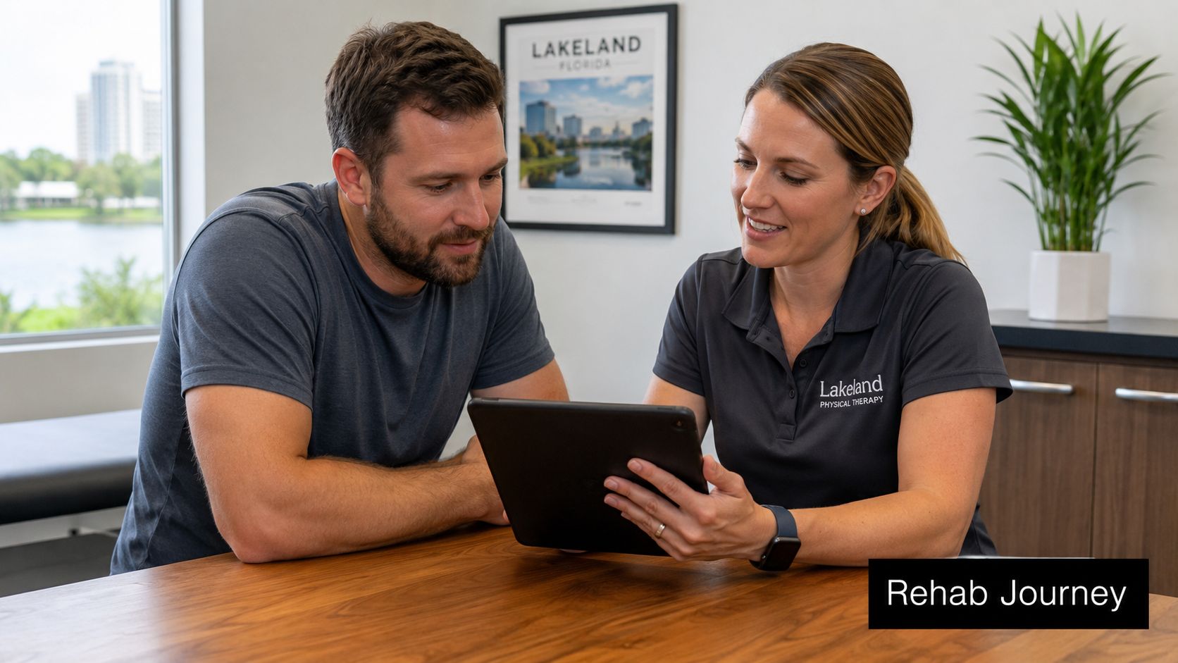 A female physical therapist at Lakeland Physical Therapy discusses recovery plans with a male patient using a tablet.
