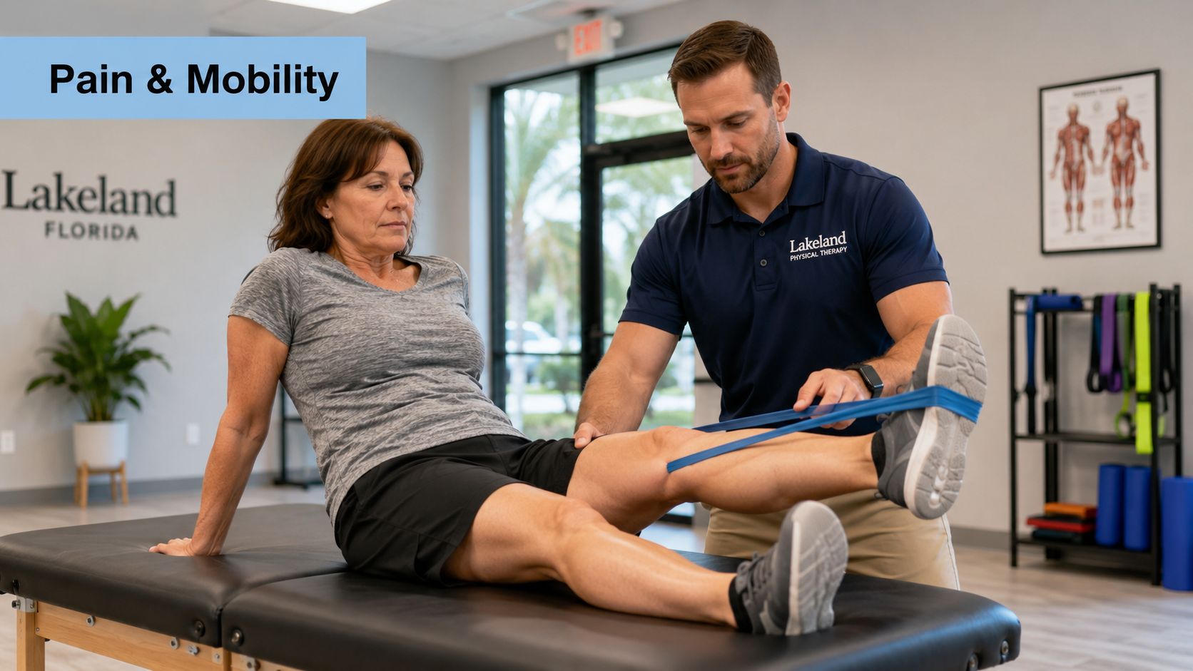 A physical therapist assists a woman with a leg exercise using a resistance band in a clinic.