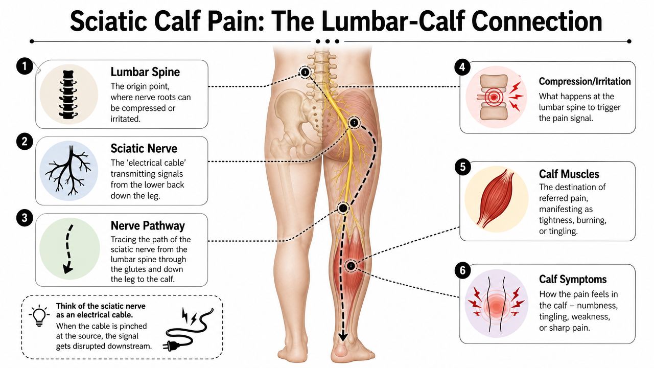 An infographic diagram illustrating the connection between lumbar spine nerve compression and resulting sciatic calf pain.