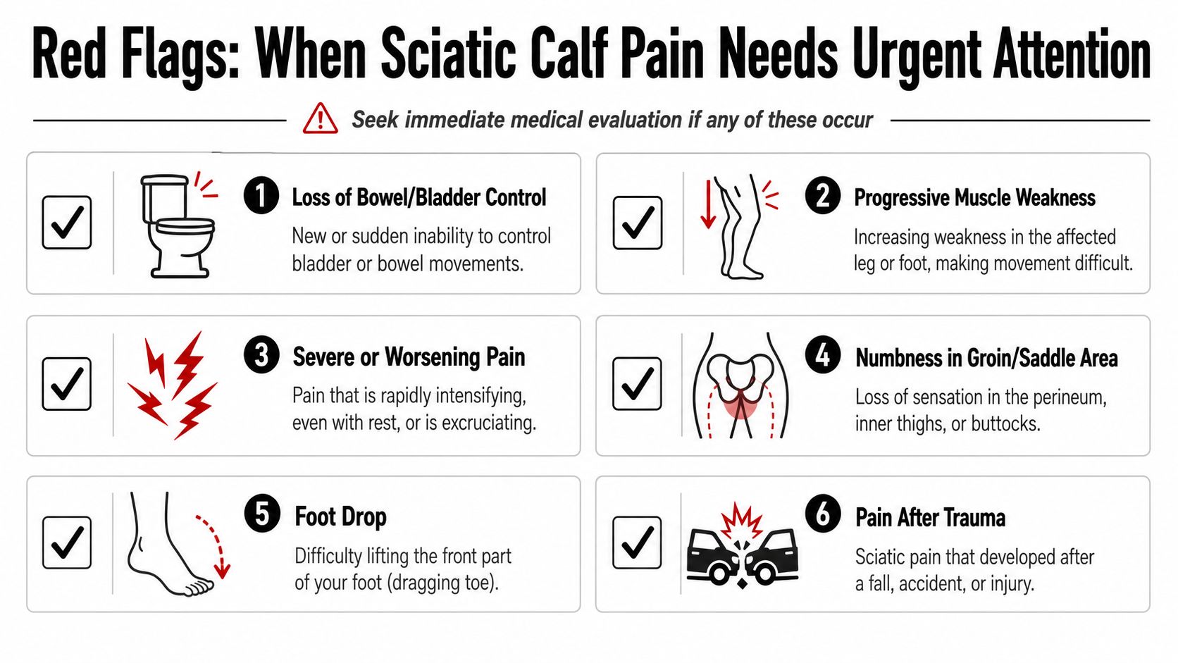 An infographic listing six red flag symptoms of sciatic nerve pain requiring immediate medical evaluation.
