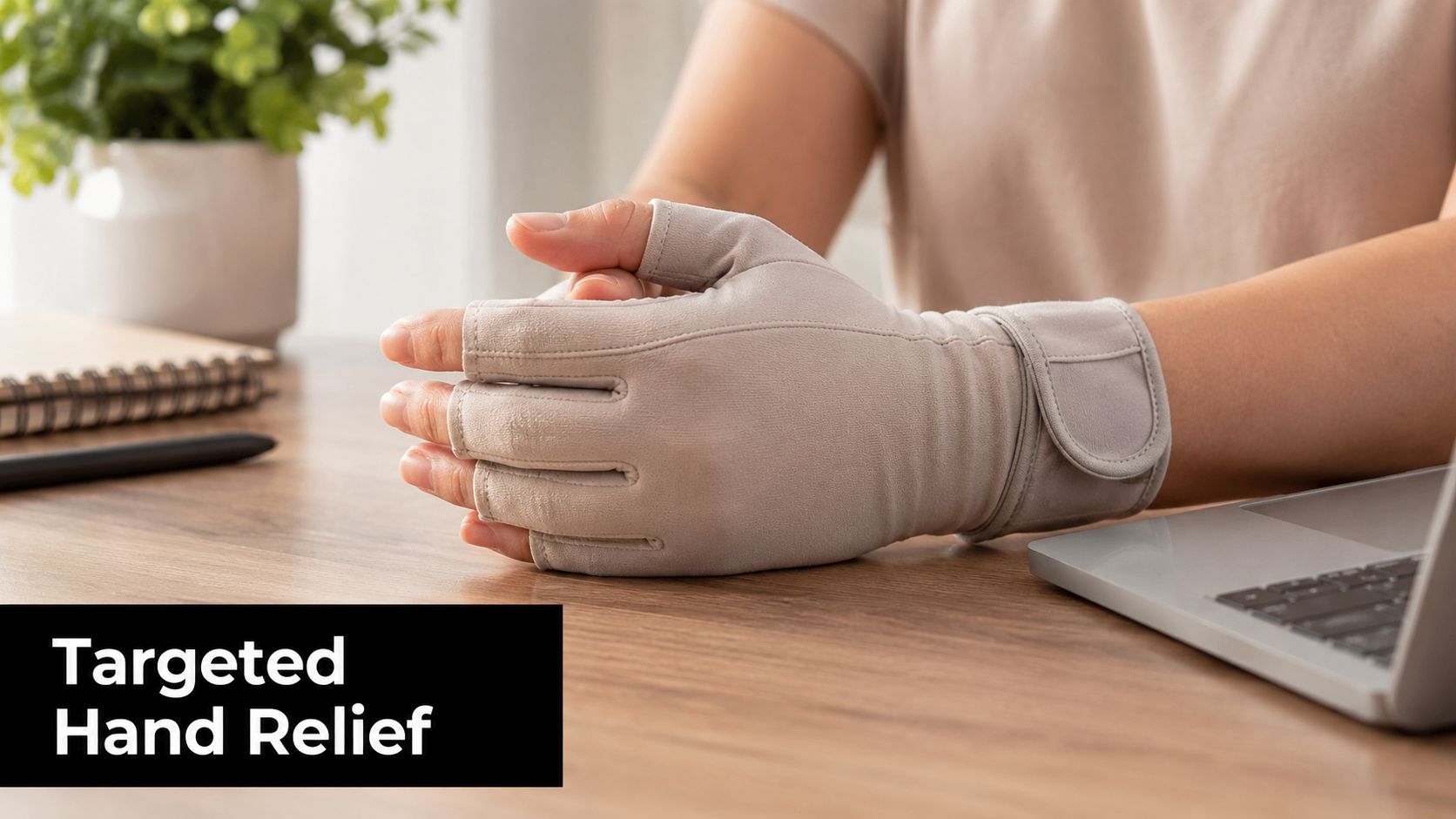 A person wearing a beige fingerless compression glove for support while working at a desk with a laptop.