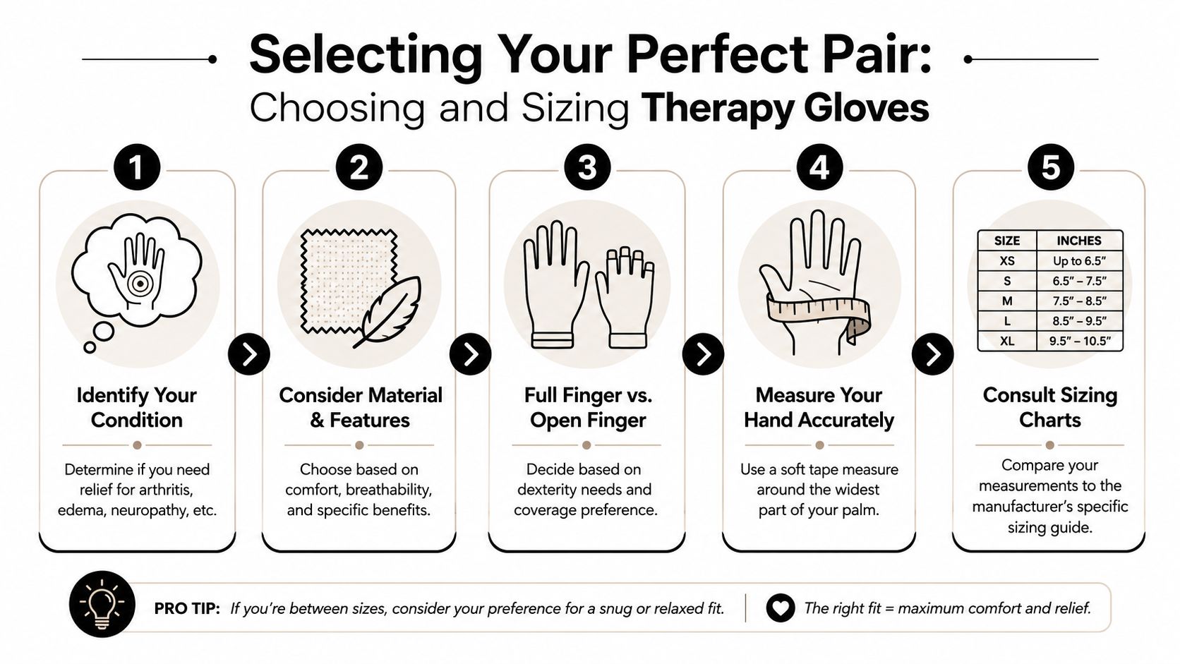 A five-step guide on how to choose and size the correct therapy gloves for hand relief.