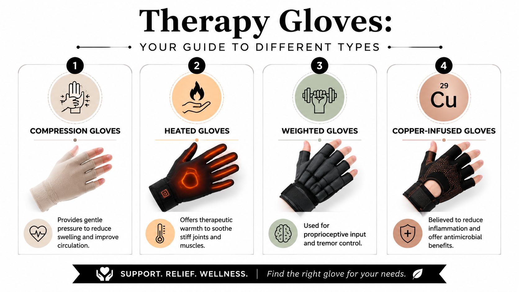 An infographic showing four different types of therapy gloves including compression, heated, weighted, and copper-infused options.