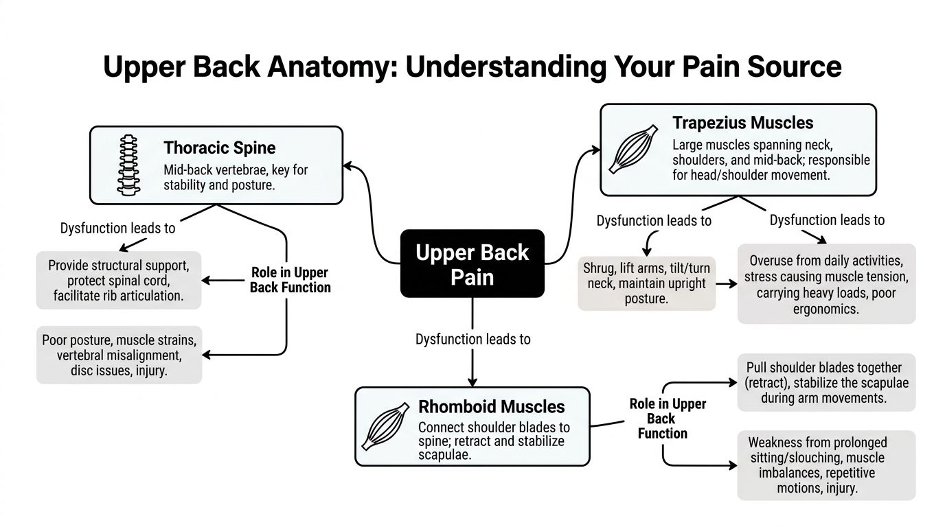 A diagram explaining upper back anatomy and its relationship to common pain sources like muscle and spine issues.