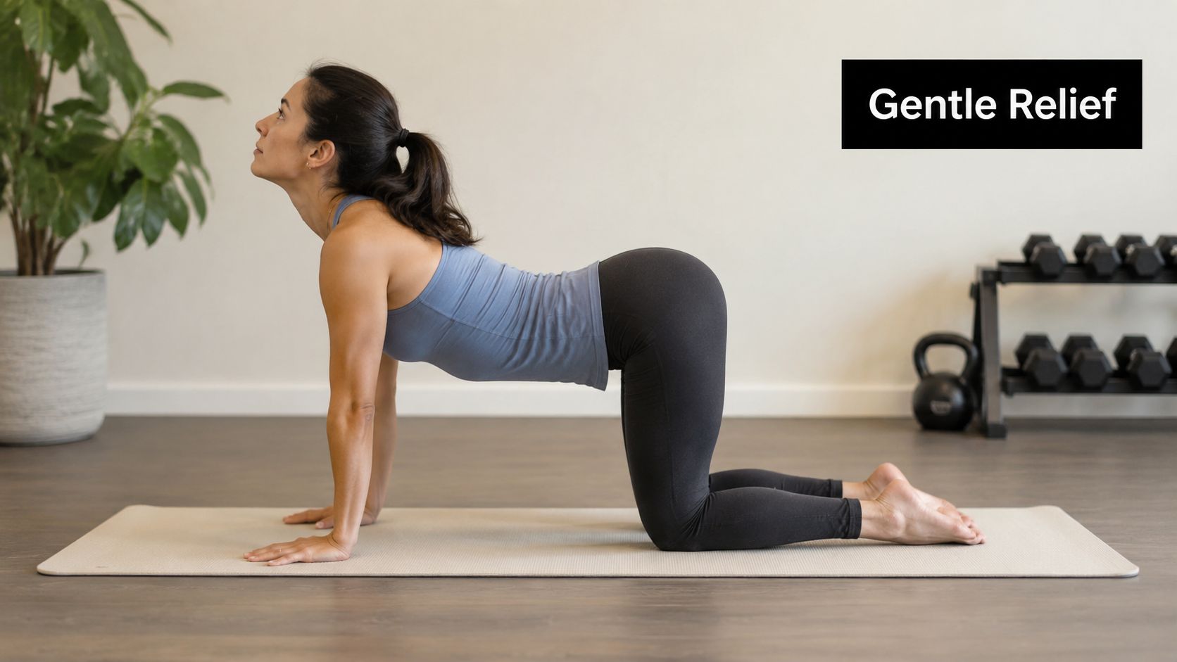 A woman performing the cow yoga pose on a mat to help with upper back pain relief.