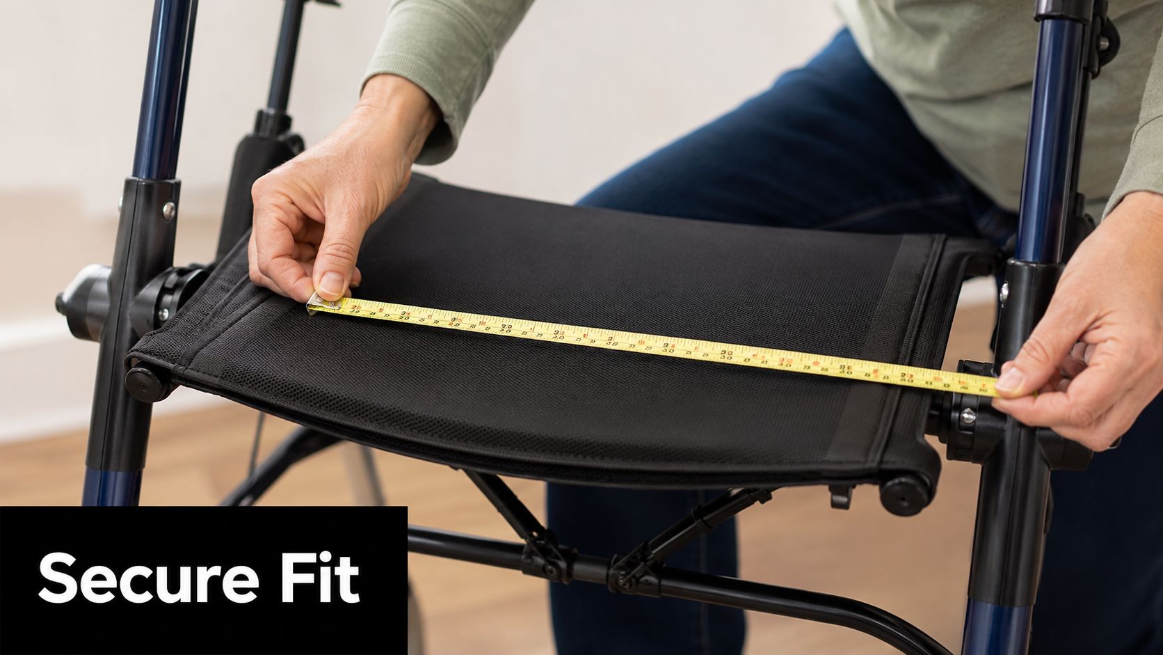 A person uses a yellow tape measure to check the width of a black walker seat cushion.