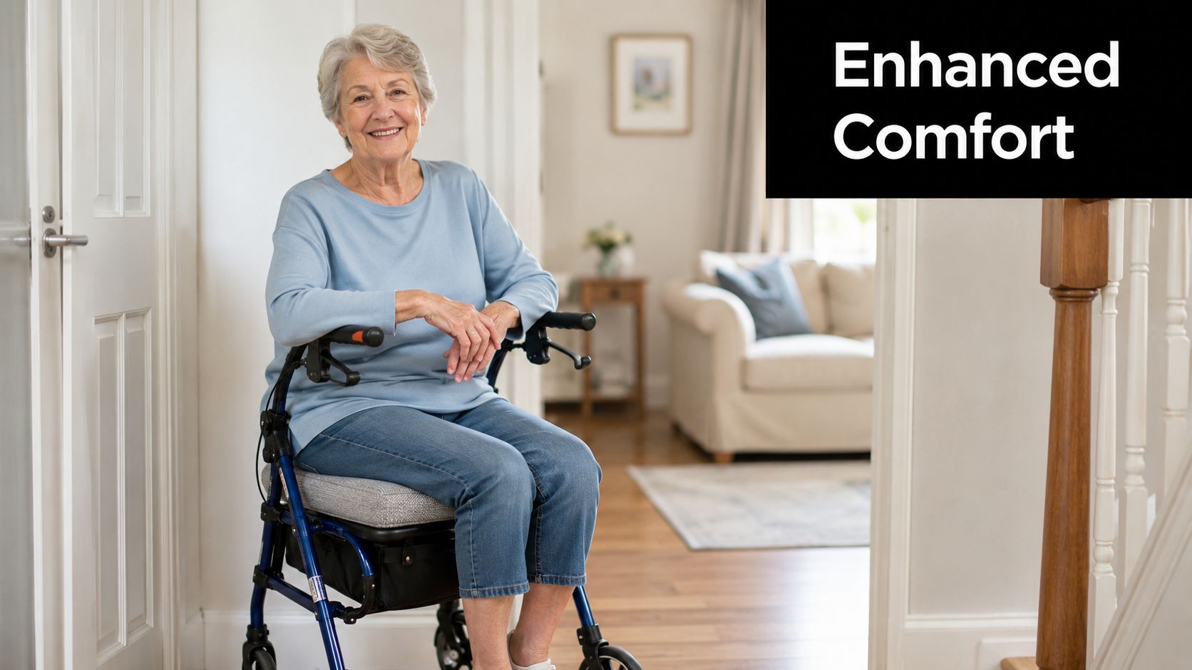 A happy senior woman sitting on a comfortable padded seat cushion attached to her blue mobility walker.