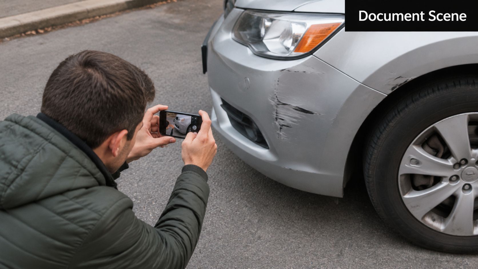 A person taking a photo of scratch damage on their car bumper after a minor collision.