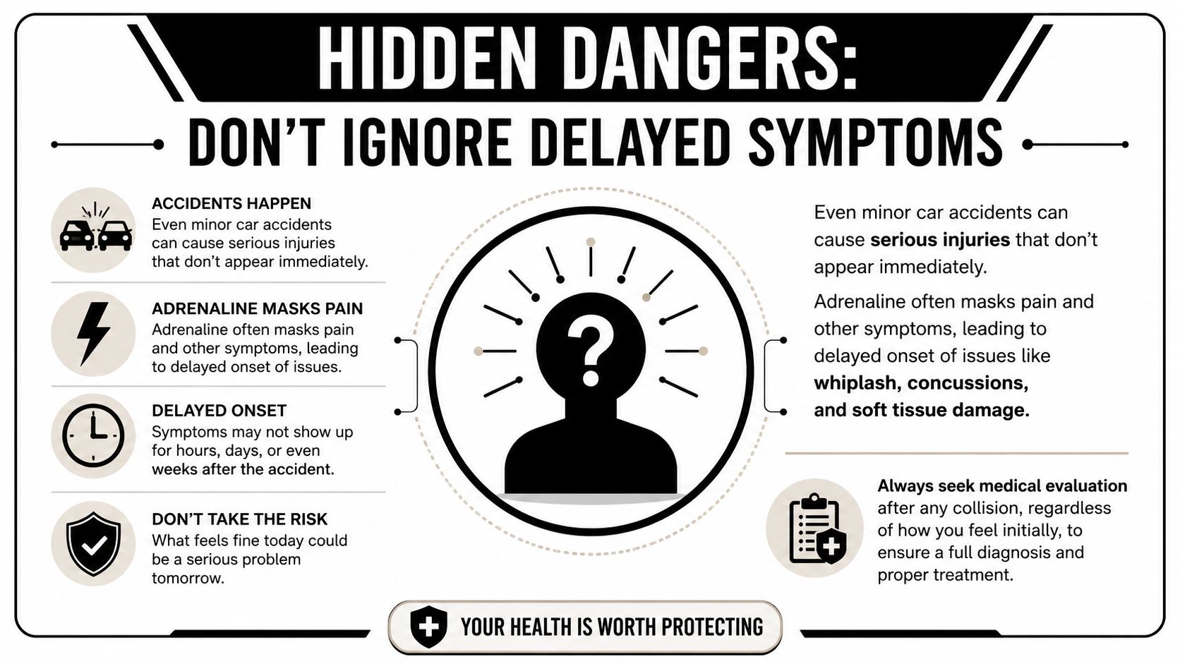 An infographic titled Hidden Dangers: Don't Ignore Delayed Symptoms, explaining why medical evaluation is necessary after accidents.
