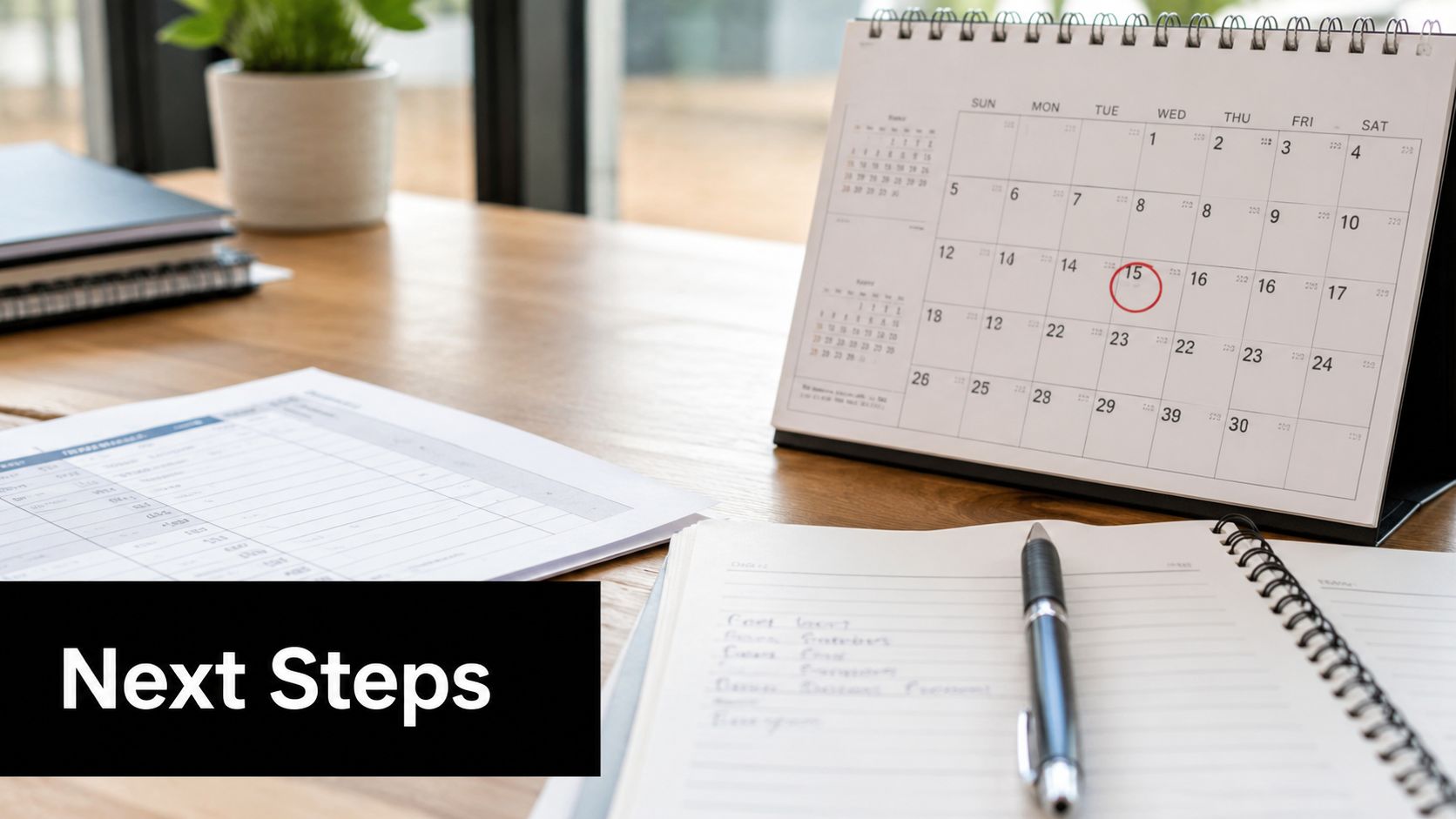 A wooden office desk featuring a calendar with a circled date, a planner, pen, and paperwork.