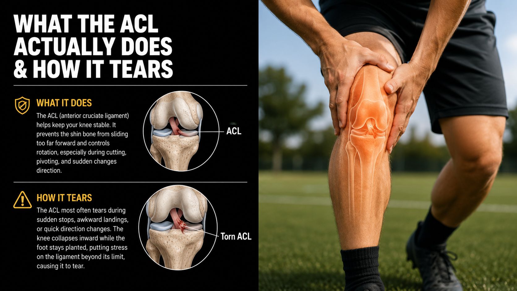 An infographic illustrating the function of the ACL and how common tears occur during sports activities.