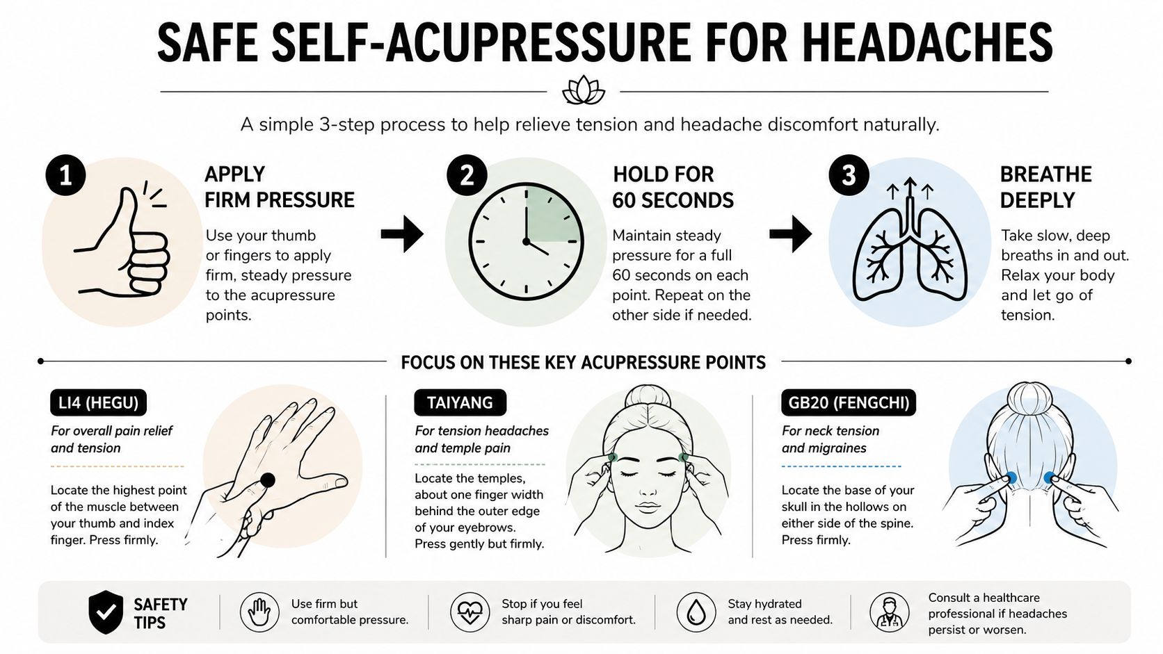An infographic illustrating a three-step guide and key acupressure points for relieving tension headaches naturally.
