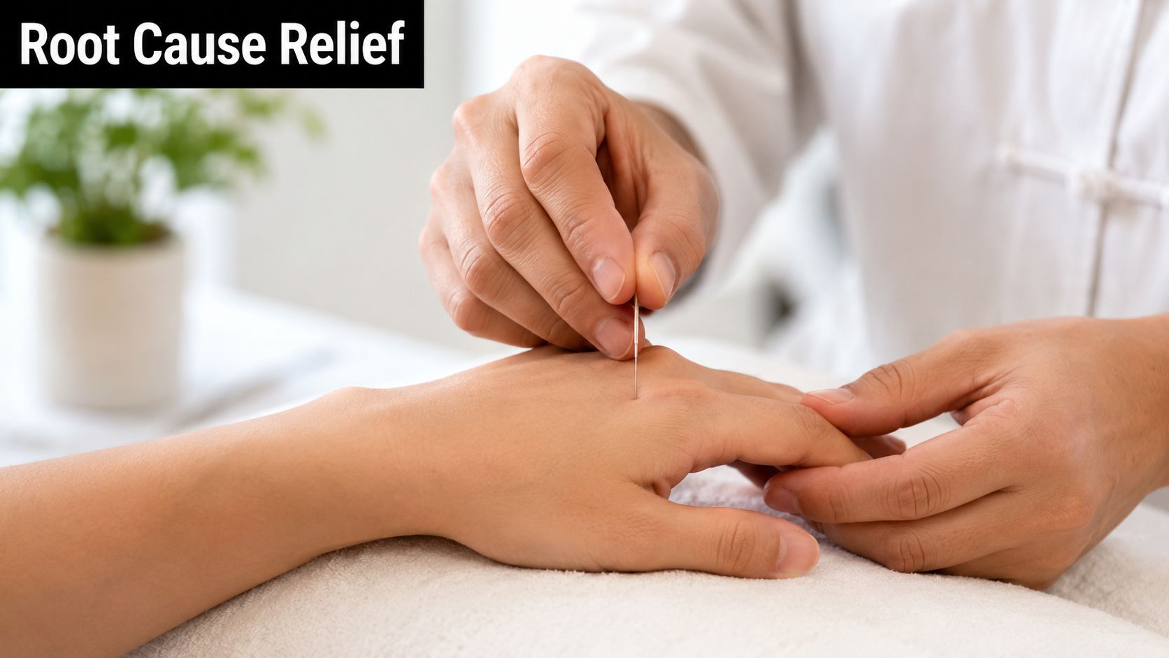 A close-up view of an acupuncture practitioner inserting a thin needle into a patient's hand for therapy.