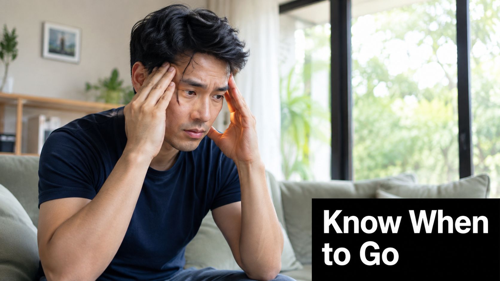 A distressed young man sits on a couch holding his head due to a severe migraine headache.
