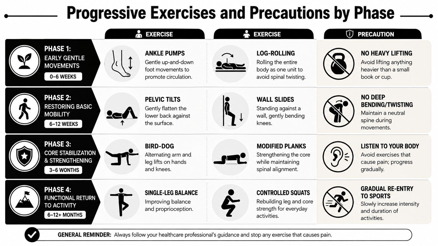 A chart showing progressive rehabilitation exercises and precautions categorized by recovery phases after back surgery.