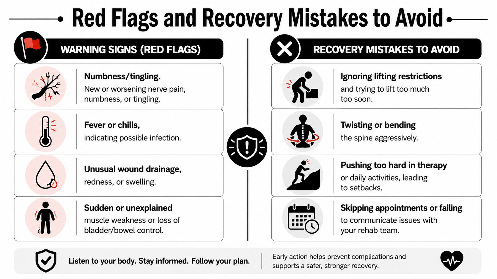 An infographic titled Red Flags and Recovery Mistakes to Avoid, detailing warnings and errors after back surgery.