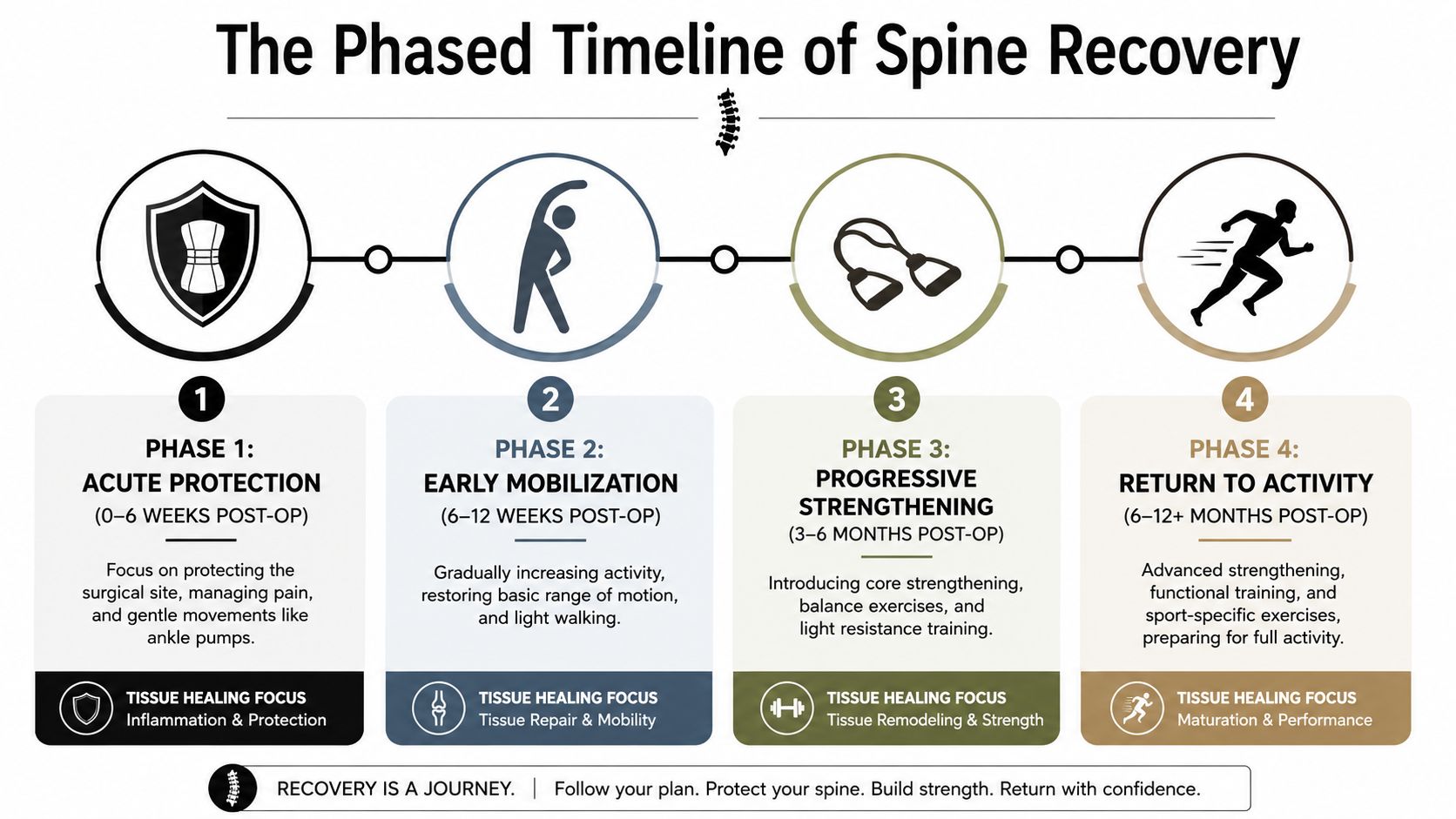 A four-phase timeline infographic illustrating the progressive steps for spine surgery recovery and rehabilitation.