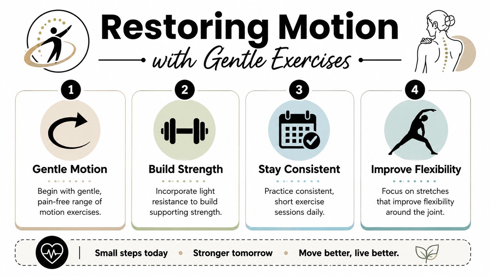 An infographic titled Restoring Motion with Gentle Exercises featuring four numbered steps for improving joint health.