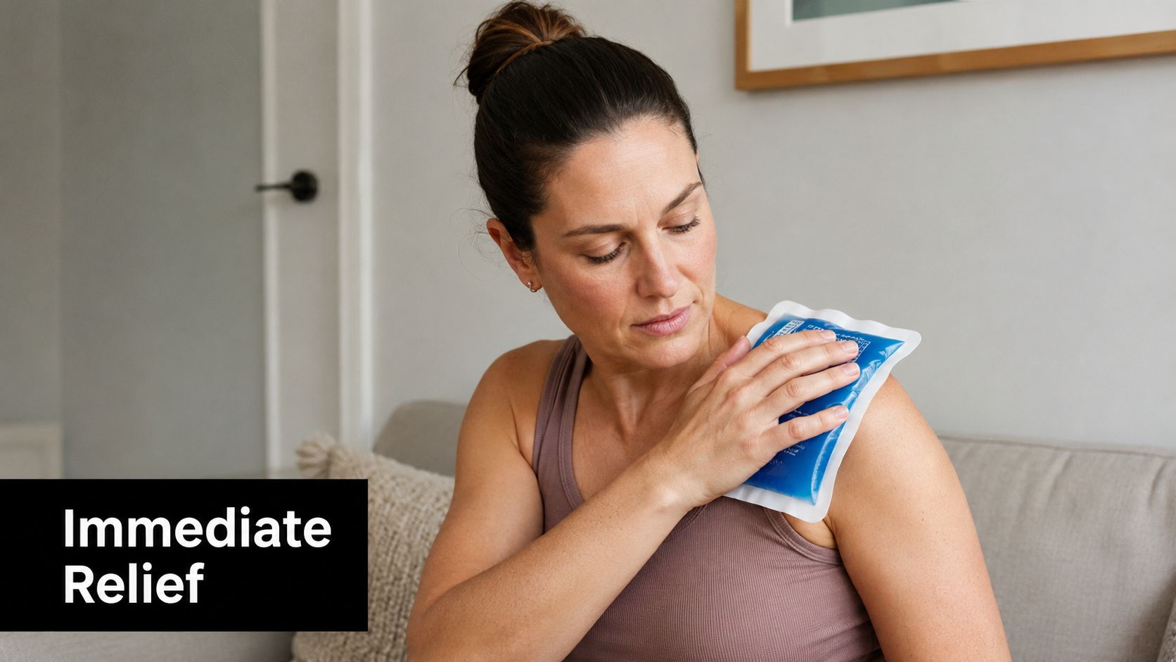 A woman sitting on a couch applying a blue ice pack to her painful shoulder.