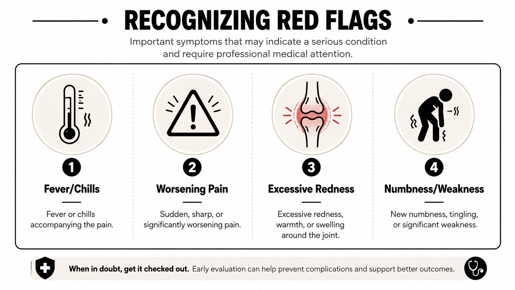 An infographic listing four red flag symptoms that require professional medical attention for severe pain conditions.
