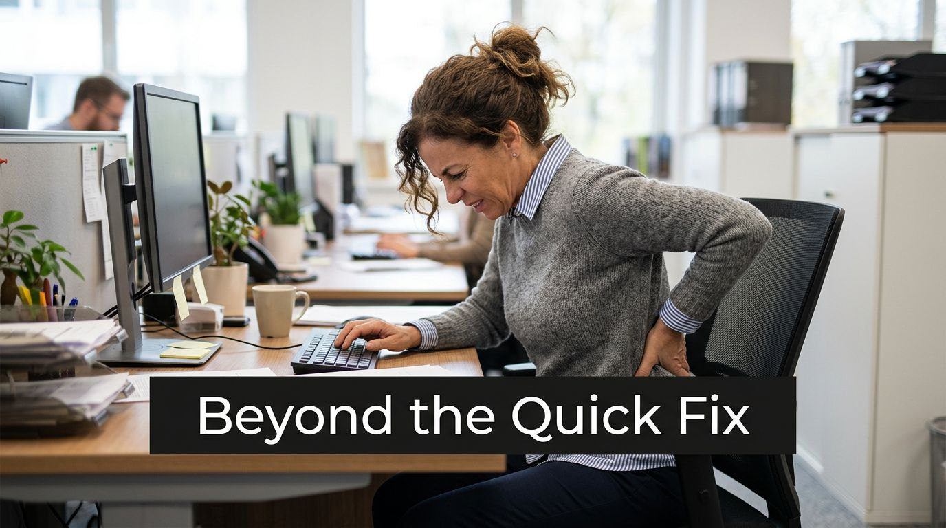 A woman in an office setting experiencing back pain while working at her desk, demonstrating ergonomic discomfort.