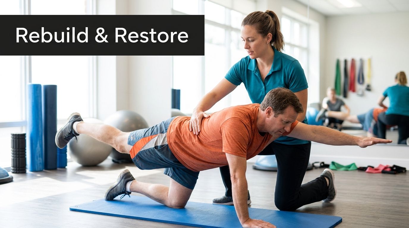 A physical therapist guiding a male patient through a bird-dog exercise on a blue yoga mat.